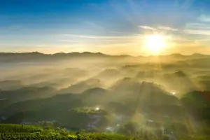 Sunrise over mountains suggesting a fresh start