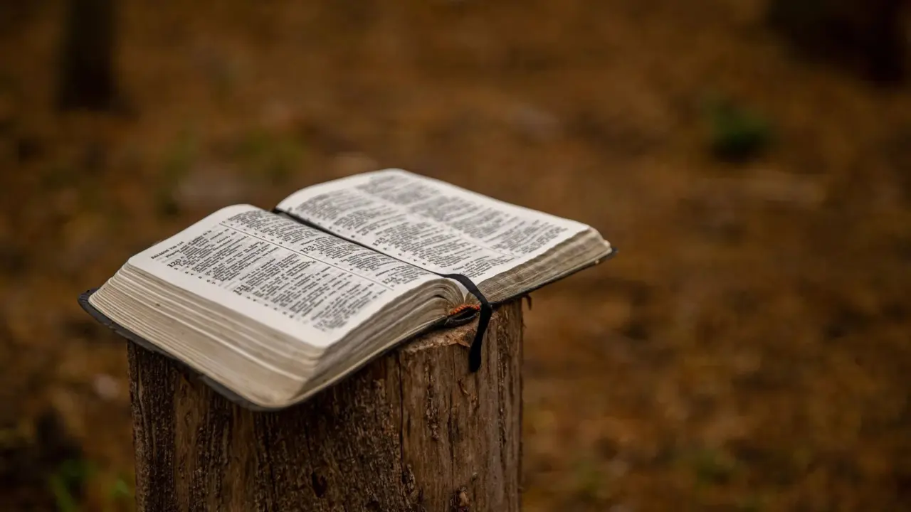 Open Bible resting on a wooden table